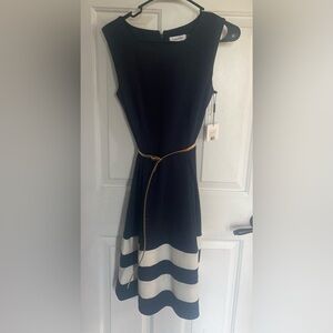 Calvin Klein Navy Blue and White Mini Dress with Gold Belt